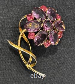 Vintage Sterling Flower Brooch Purple Pink Glass Rhinestone Floral Pin WOW