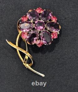 Vintage Sterling Flower Brooch Purple Pink Glass Rhinestone Floral Pin WOW