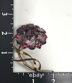 Vintage Sterling Flower Brooch Purple Pink Glass Rhinestone Floral Pin WOW