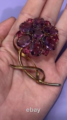 Vintage Sterling Flower Brooch Purple Pink Glass Rhinestone Floral Pin WOW