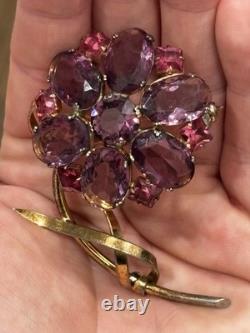 Vintage Sterling Flower Brooch Purple Pink Glass Rhinestone Floral Pin WOW