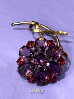 Vintage Sterling Flower Brooch Purple Pink Glass Rhinestone Floral Pin WOW