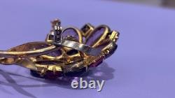 Vintage Sterling Flower Brooch Purple Pink Glass Rhinestone Floral Pin WOW
