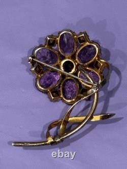 Vintage Sterling Flower Brooch Purple Pink Glass Rhinestone Floral Pin WOW