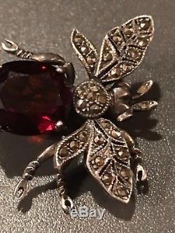 Vintage Sterling Silver 925 Red Rhinestone Marcasite Bumble Bee Brooch Pin