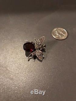 Vintage Sterling Silver 925 Red Rhinestone Marcasite Bumble Bee Brooch Pin