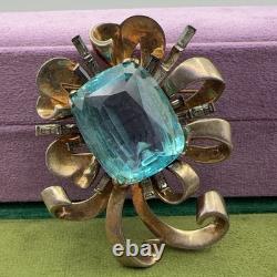 Vintage Sterling Silver Aqua Glass Bow Brooch Pin 2.5in 53.96g Rhinestone