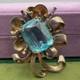 Vintage Sterling Silver Aqua Glass Bow Brooch Pin 2.5in 53.96g Rhinestone
