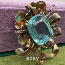 Vintage Sterling Silver Aqua Glass Bow Brooch Pin 2.5in 53.96g Rhinestone