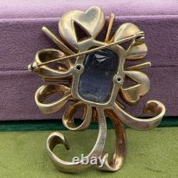 Vintage Sterling Silver Aqua Glass Bow Brooch Pin 2.5in 53.96g Rhinestone