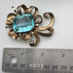 Vintage Sterling Silver Aqua Glass Bow Brooch Pin 2.5in 53.96g Rhinestone