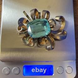 Vintage Sterling Silver Aqua Glass Bow Brooch Pin 2.5in 53.96g Rhinestone