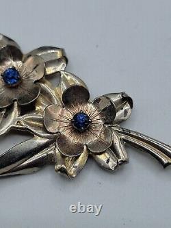 Vintage Sterling Silver Large Flower Brooch Pin 3 Flowers Blue Rhinestones