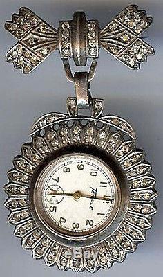 Vintage Sterling Silver & Rhinestone Watch & Bow Dangle Pin Brooch