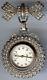 Vintage Sterling Silver & Rhinestone Watch & Bow Dangle Pin Brooch