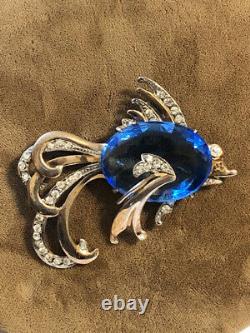 Vintage Sterling Vermeil Blue Belly Rhinestone FISH Pin Brooch