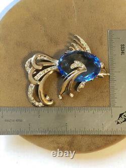 Vintage Sterling Vermeil Blue Belly Rhinestone FISH Pin Brooch