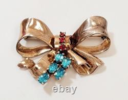 Vintage Sterling Vermeil Ciner Bow Brooch Aqua Red Rhinestone