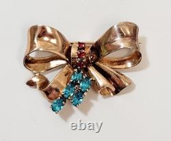 Vintage Sterling Vermeil Ciner Bow Brooch Aqua Red Rhinestone