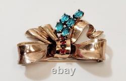 Vintage Sterling Vermeil Ciner Bow Brooch Aqua Red Rhinestone