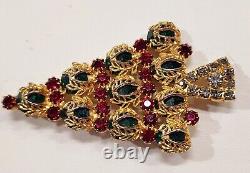 Vintage Stunning Hobe Christmas Pin Brooch 1965 Red Green Rhinestones Gold
