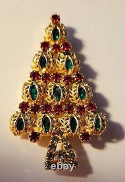 Vintage Stunning Hobe Christmas Pin Brooch 1965 Red Green Rhinestones Gold