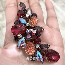 Vintage Stunning KRAMER Signed Satin Press Glass Cabochon Red Multicolor Brooch