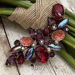 Vintage Stunning KRAMER Signed Satin Press Glass Cabochon Red Multicolor Brooch