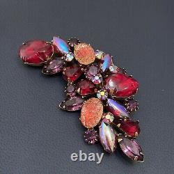 Vintage Stunning KRAMER Signed Satin Press Glass Cabochon Red Multicolor Brooch