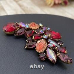 Vintage Stunning KRAMER Signed Satin Press Glass Cabochon Red Multicolor Brooch