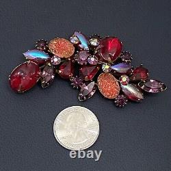 Vintage Stunning KRAMER Signed Satin Press Glass Cabochon Red Multicolor Brooch