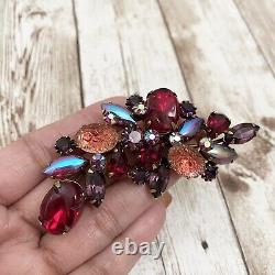 Vintage Stunning KRAMER Signed Satin Press Glass Cabochon Red Multicolor Brooch