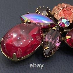 Vintage Stunning KRAMER Signed Satin Press Glass Cabochon Red Multicolor Brooch