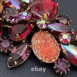 Vintage Stunning KRAMER Signed Satin Press Glass Cabochon Red Multicolor Brooch