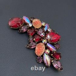 Vintage Stunning KRAMER Signed Satin Press Glass Cabochon Ruby Multicolor Brooch