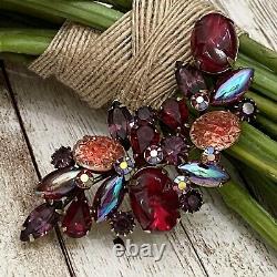 Vintage Stunning KRAMER Signed Satin Press Glass Cabochon Ruby Multicolor Brooch
