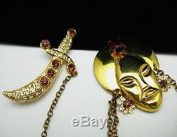 Vintage Sultan Face and Sword Scimiter Double Brooch Pin Chatelaine