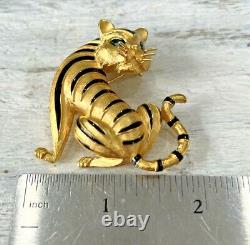 Vintage TRIFARI 1990s Tiger Cat Green Rhinestone Figural Enamel Pin Brooch #18