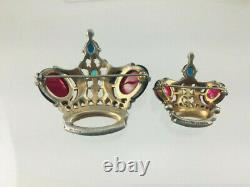 Vintage TRIFARI A. Philippe Sterling Silver Rhinestone Royal Crown Brooch Set