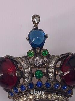 Vintage TRIFARI Sterling Silver Emerald Ruby Sapphire Rhinestone Crown Brooch