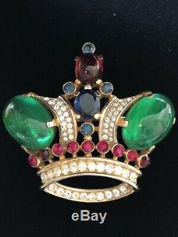 Vintage Trifari Emerald Green Rhinestone Crown Brooch Jewels Of India LARGE SIZ