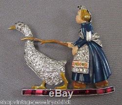 Vintage Trifari Enamel Rhinestone Figural Brooch Pin 1940 RARE Girl Goose Bird