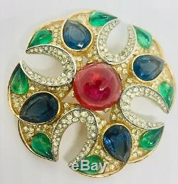 Vintage Trifari JEWELS Of INDIA Brooch Rhinestone Glass Cabochons Moghul Jewelry