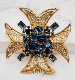 Vintage Trifari Maltese Cross Brooch Pin Blue Rhinestone HTF