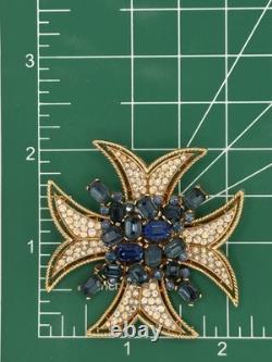 Vintage Trifari Maltese Cross Brooch Pin Blue Rhinestone HTF