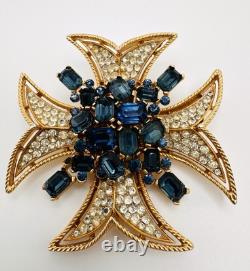 Vintage Trifari Maltese Cross Brooch Pin Blue Rhinestone HTF