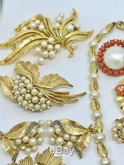 Vintage Trifari Necklaces Earrings Bracelet Brooches Faux Pearl Rhinestone Gold