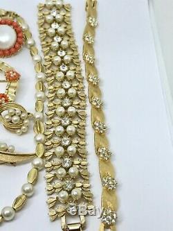 Vintage Trifari Necklaces Earrings Bracelet Brooches Faux Pearl Rhinestone Gold