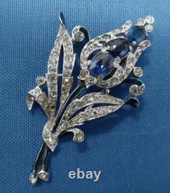 Vintage Trifari Sapphire Blue Rhinestone Enamel Floral Spray Clip Pin Brooch
