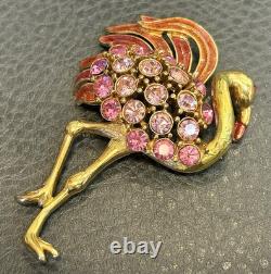Vintage Trifari Signed Flamingo Brooch Pink Rhinestone Crystal Gold Tone READ